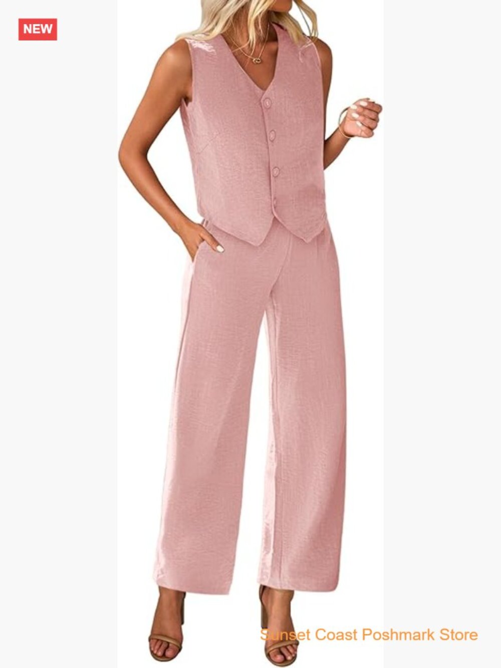 Two Piece Summer Blazer Vest Wide Leg Pants Set Office Business Casual Suit - Picture 1 of 7